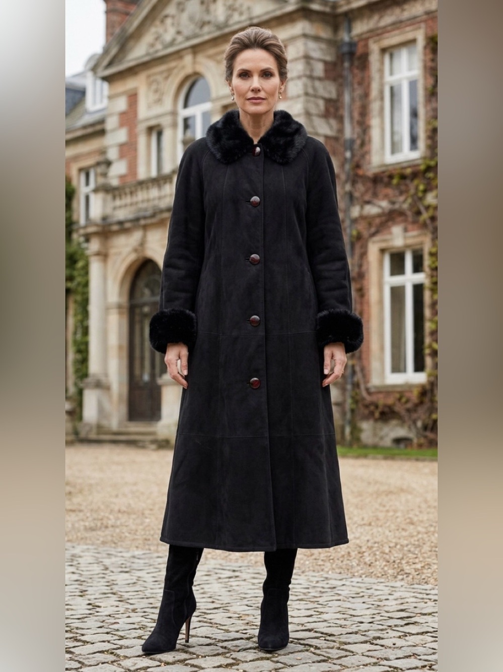 Christia by Hanna K Long Black Shearling Mink Collar and Cuff Coat Old Money